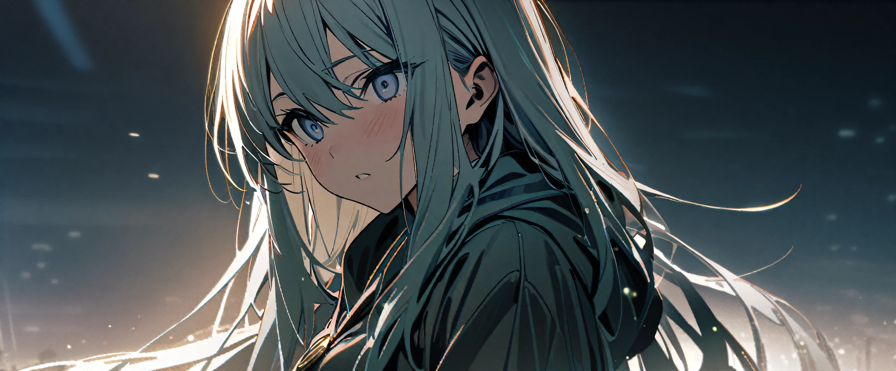 (((masterpiece,highest quality))),((Long-haired silver-haired wizard anime girl in robe costume)),((He has a key-shaped stick)),((Key motif necklace)),((side view)),(Shedding tears with a stunned expression),Light ahead,Darkness Behind,anime