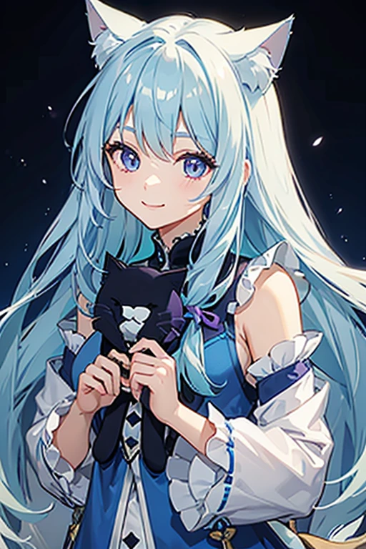 Light blue hair、long hair、Cat ear、Light blue and purple odd eyes、smile、cute