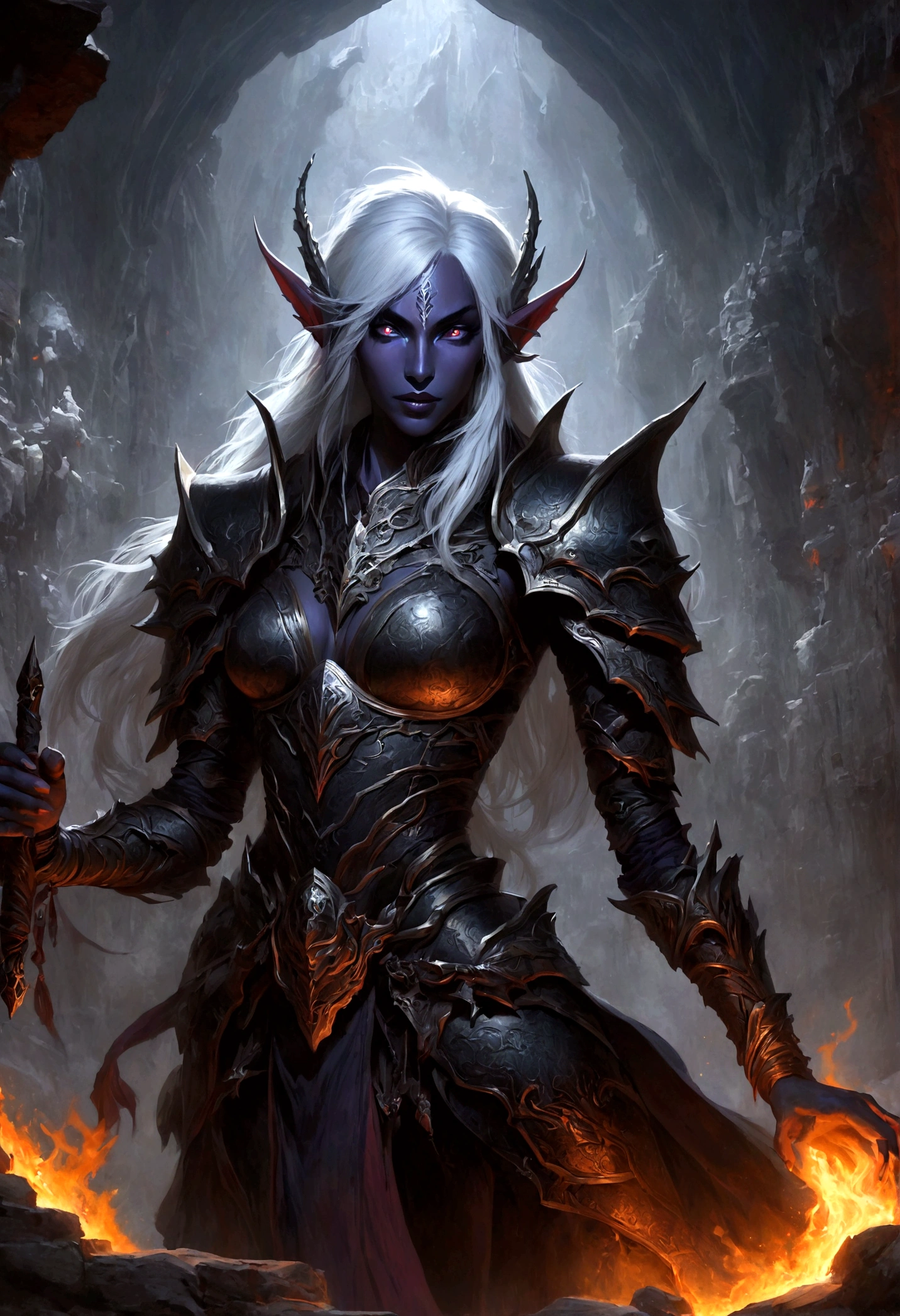 白发Dark Elves， Noah Bradley (Noah Bradley) Inspiring Portraits,Dark Elves，Torches，Drow，Dungeons &amp; Dragons，Magic Game，magic，Summon the Divine Dragon