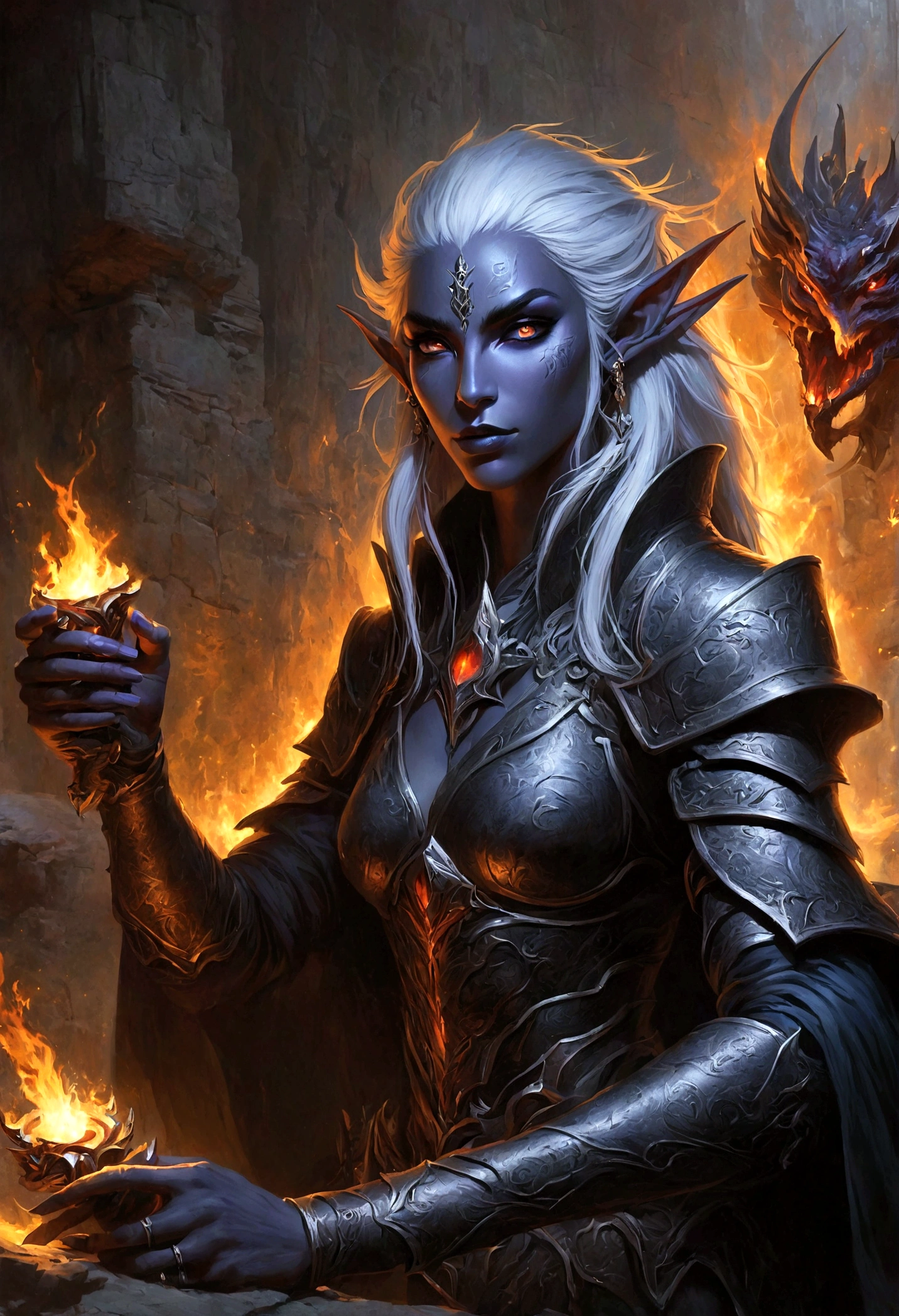 白发Dark Elves， Noah Bradley (Noah Bradley) Inspiring Portraits,Dark Elves，Torches，Drow，Dungeons &amp; Dragons，Magic Game，magic，Summon the Divine Dragon