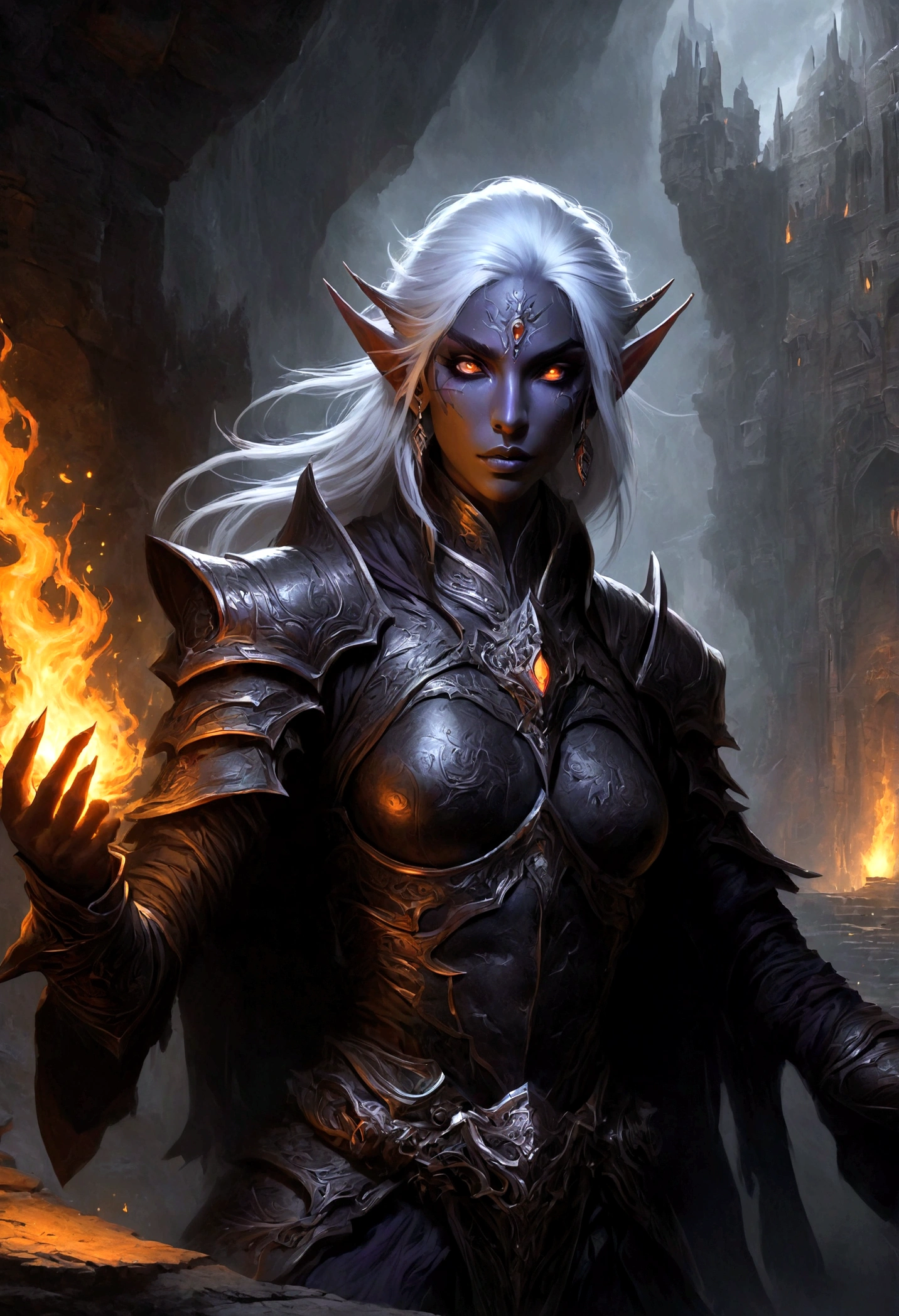 白发Dark Elves， Noah Bradley (Noah Bradley) Inspiring Portraits,Dark Elves，Torches，Drow，Dungeons &amp; Dragons，Magic Game，magic，Summon the Divine Dragon