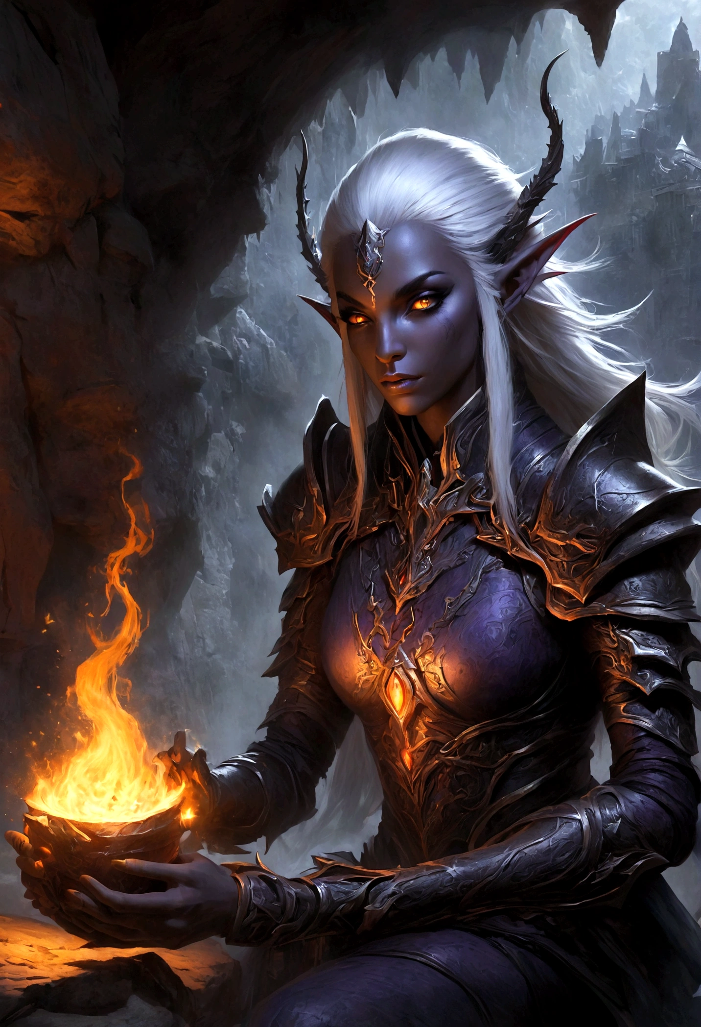 白发Dark Elves， Noah Bradley (Noah Bradley) Inspiring Portraits,Dark Elves，Torches，Drow，Dungeons &amp; Dragons，Magic Game，magic，Summon the Divine Dragon