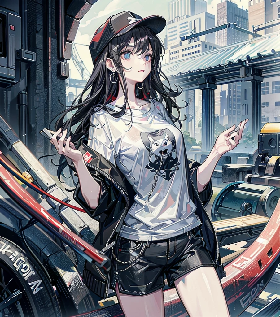 absurdres, RAW photo, extremely delicate, extremely beautiful, masterpiece, Best Quality, ultra high resolution, 32k, hyperrealistic, ultra-detailed description, perfect anatomy, correct body, ideal ratio of body proportions, pale skin, 20 years old, detailed beautiful face, detailed beautiful face eyes, tearful mole, earring, medium hair, black hair, big tits, whole body shot, shorts, t-shirt, baseball cap,