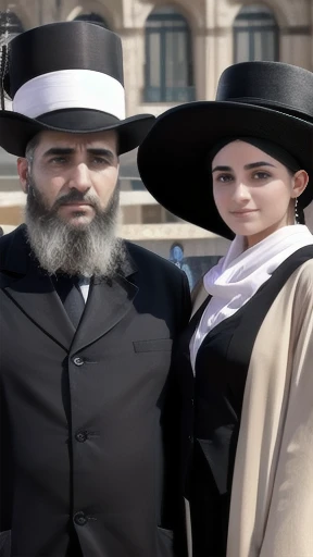 Haredim men and women in a public square, focus on the characters' faces.