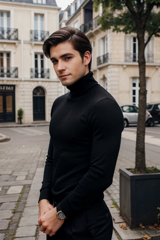 young man, French, brunette, Eyes are gray, His face is pale, an arrogant grin on his face. Hair styled stylishly. Dressed in a black turtleneck and trousers. Looks 27 years old.
