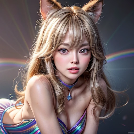 NSFW, 8k, High-level, absurd, masterpiece, best quality, primitive, very detailed CG, very detailed wallpaper, perfect lighting, Extremely detailed (((The personifying " Farrah Fawcett Majors " as a ))), MysticSight, Tyndall effect, Tyndall scattering, Studio gray background with (many Dazzling RainbowColor particles BokeH:1.28), (RoundlyButts, ThighGap), (Exposed:0.4), (Assfocus with looking ahead), BREAK (NOGIZAKA face variations) Extremely Detailed very KAWAII face variations, perfect anatomy, Childish, captivating gaze, elaborate detailed Eyes with (sparkling highlights:1.28), long eyelashes、Glossy RED Lips with beautiful details, Coquettish tongue, Rosy cheeks, Radiant PearlSkin with clear transparency . { (Dynamic LifeLike expressions:1.4) | :d) }, (large eyes:-1) .