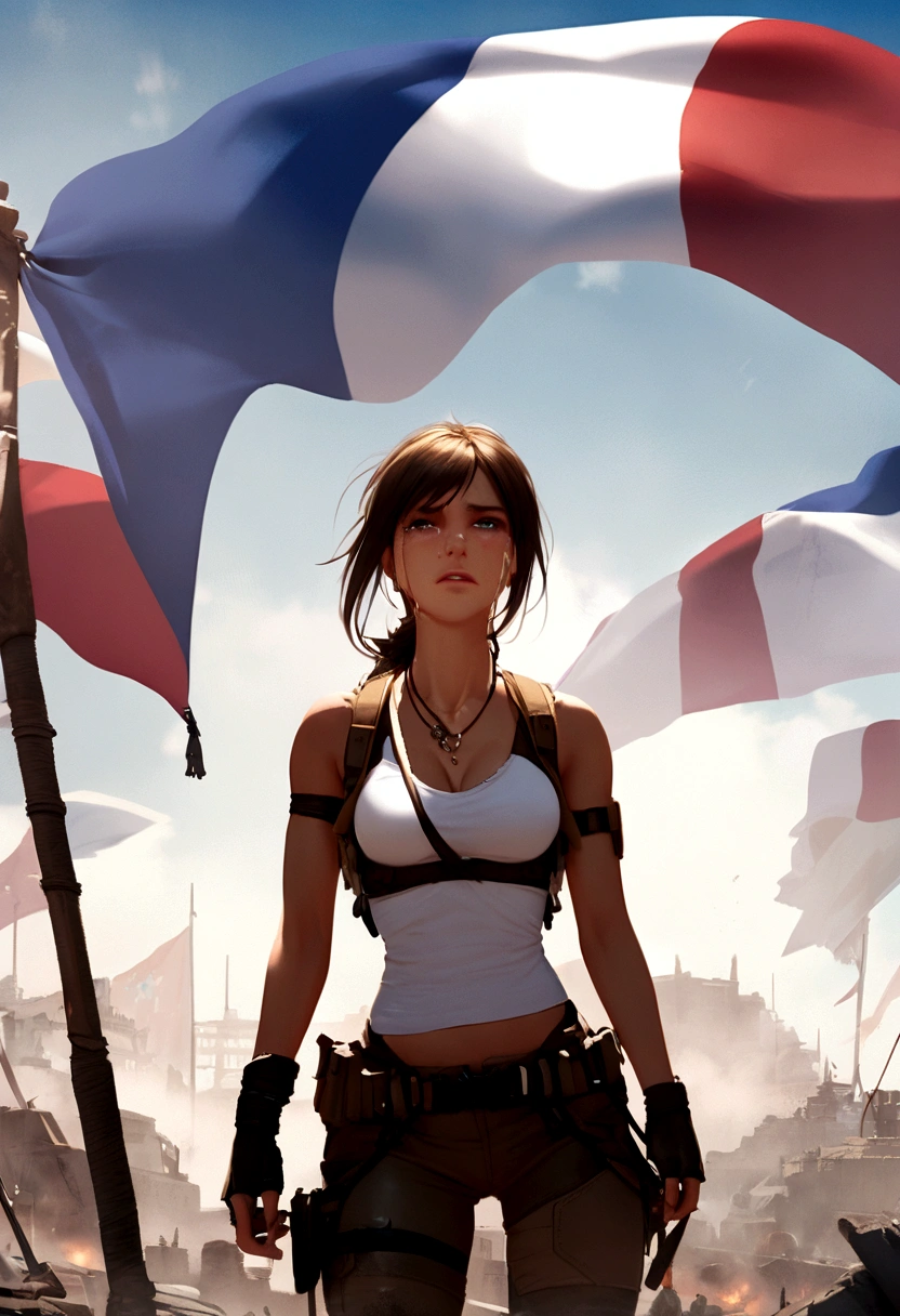 Lara Croft crying in front of the French flag