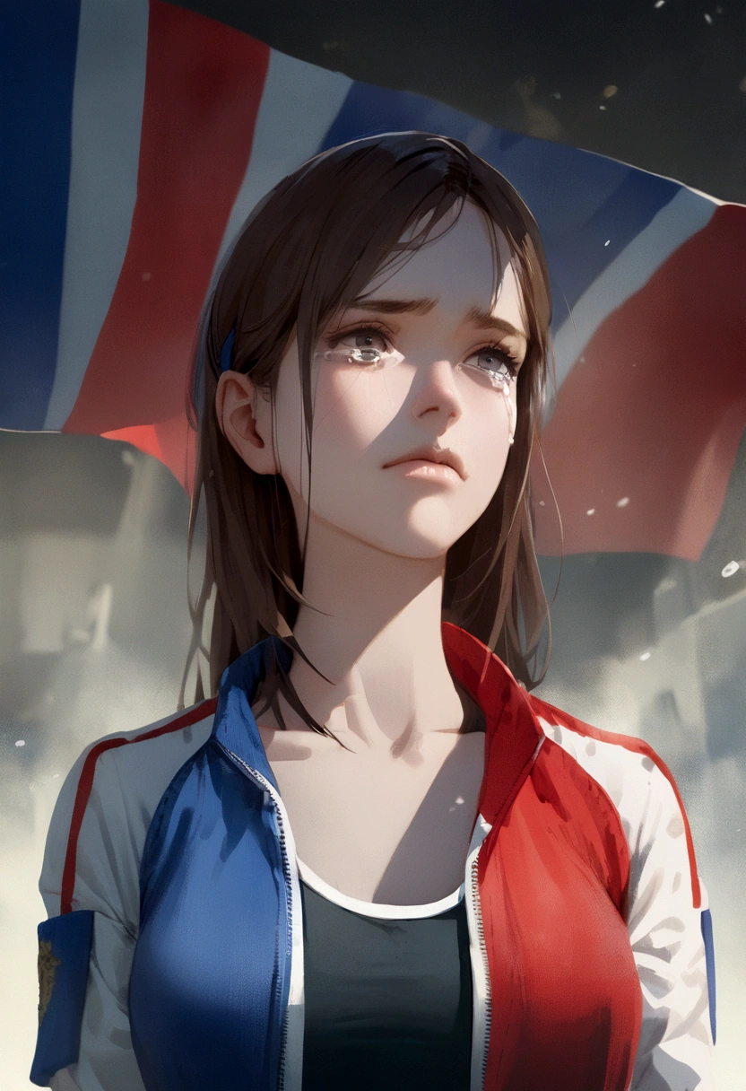Lara Croft crying in front of the French flag