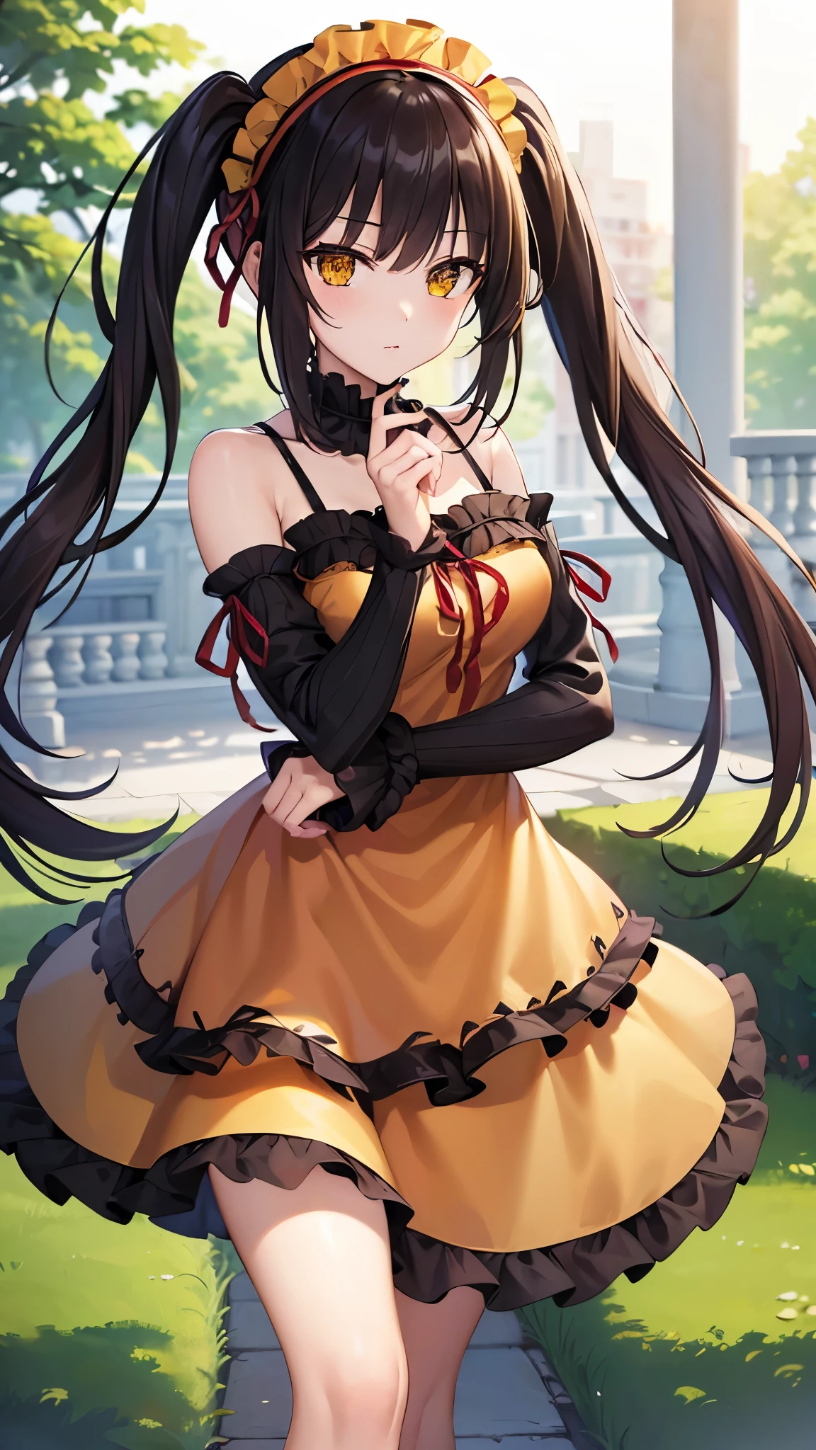 (((masterpiece))),(((highest quality))),(((Very detailed))),shape,Who, (masterpiece, highest quality, highest quality, Official Art, beautifully、beautiful:1.2),(8k, highest quality, masterpiece:1.2), KurumiBase, (Clock Eye), Heterochromia iridis, (Red eyes:1.2), (Yellow Eyes:1.5), (((Long twin tails))), hair band, (((Red dress))), Frills, Removable sleeves, Frillsチョーク, alone,
