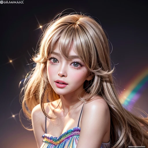 NSFW, 8k, High-level, absurd, masterpiece, best quality, primitive, very detailed CG, very detailed wallpaper, perfect lighting, Extremely detailed ((( personifying " Farrah Fawcett Majors " as a ))), MysticSight, Tyndall effect, Tyndall scattering, (Studio gray background with (Overflowing oodles Dazzling RainbowColorParticles (BokeH))), (RoundlyButts, ThighGap), (Exposed:0.4), (Assfocus with looking ahead) BREAK (Acutance:0.88), (NOGIZAKA face variations) Extremely Detailed very KAWAII face variations, perfect anatomy, Childish, CaptivatingGaze ElaboratePupils detailed Eyes with (sparkling highlights:1.28), (Voluminous LongEyelashes、GlossyRED Lips with beautiful details, RosyCheeks, Radiant PearlSkin with Transparency . { (Dynamic LifeLike expressions:1.4) | :d) }, (large eyes:-1) .