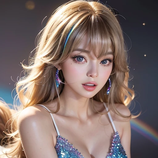 NSFW, 8k, High-level, absurd, masterpiece, best quality, primitive, very detailed CG, very detailed wallpaper, perfect lighting, Extremely detailed (((The personifying " Farrah Fawcett Majors " as a ))), MysticSight, Tyndall effect, Tyndall scattering, Studio gray background with (many Dazzling RainbowColor particles BokeH:1.28), (RoundlyButts, ThighGap), (Exposed:0.4), (Assfocus with looking ahead), BREAK (NOGIZAKA face variations) Extremely Detailed very KAWAII face variations, perfect anatomy, Childish, captivating gaze, elaborate detailed Eyes with (sparkling highlights:1.28), long eyelashes、Glossy RED Lips with beautiful details, Coquettish tongue, Rosy cheeks, Radiant PearlSkin with clear transparency . { (Dynamic LifeLike expressions:1.4) | :d) }, (large eyes:-1) .