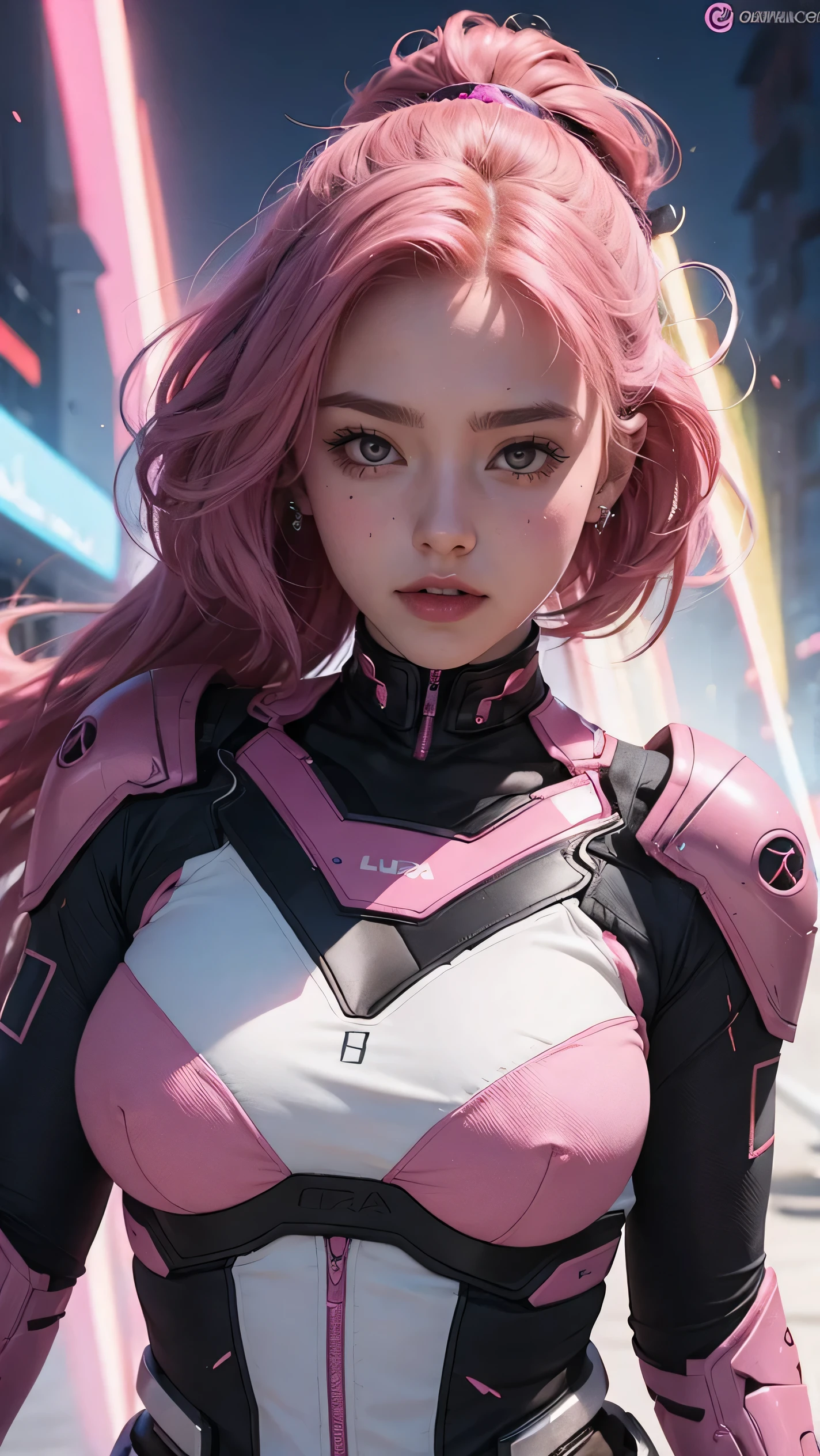 Una chica cyborg con grandes tetas y un traje ciborg muy sexy y el pelo de color rosa luces de neon,pelo rosa ,grande , cuerpo completo