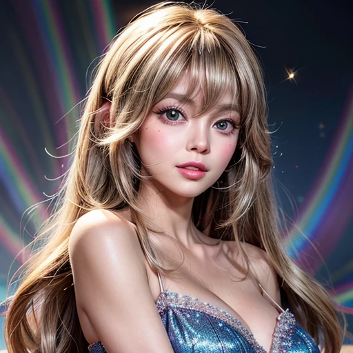 NSFW, 8k, High-level, absurd, masterpiece, best quality, primitive, very detailed CG, very detailed wallpaper, perfect lighting, Extremely detailed ((( personifying " Farrah Fawcett Majors " as a  Girl))), MysticSight, Tyndall effect, Tyndall scattering, (Studio gray background with (Overflowing oodles Dazzling RainbowColorParticles (BokeH))), (RoundlyButts, ThighGap), (Exposed:0.4), (Assfocus with looking ahead) BREAK  (Acutance:0.88), (NOGIZAKA face variations) Extremely Detailed very KAWAII face variations, perfect anatomy, Childish, CaptivatingGaze ElaboratePupils detailed Eyes with (sparkling highlights:1.28), (Voluminous LongEyelashes、GlossyRED Lips with beautiful details, RosyCheeks, Radiant PearlSkin with Transparency . { (Dynamic LifeLike expressions:1.4) | :d) }, (large eyes:-1) .