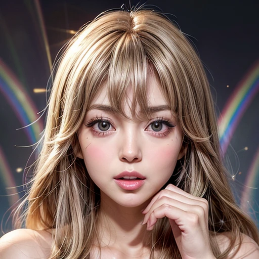 NSFW, 8k, High-level, absurd, masterpiece, best quality, primitive, very detailed CG, very detailed wallpaper, perfect lighting, Extremely detailed ((( personifying " Farrah Fawcett Majors " as a  Girl))), MysticSight, Tyndall effect, Tyndall scattering, (Studio gray background with (Overflowing oodles Dazzling RainbowColorParticles (BokeH))), (RoundlyButts, ThighGap), (Exposed:0.4), (Assfocus with looking ahead) BREAK  (Acutance:0.88), (NOGIZAKA face variations) Extremely Detailed very KAWAII face variations, perfect anatomy, Childish, CaptivatingGaze ElaboratePupils detailed Eyes with (sparkling highlights:1.28), (Voluminous LongEyelashes、GlossyRED Lips with beautiful details, RosyCheeks, Radiant PearlSkin with Transparency . { (Dynamic LifeLike expressions:1.4) | :d) }, (large eyes:-1) .