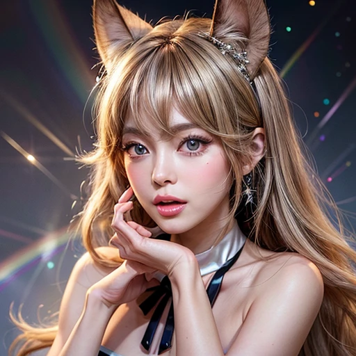 NSFW, 8k, High-level, absurd, masterpiece, best quality, primitive, very detailed CG, very detailed wallpaper, perfect lighting, Extremely detailed (((The personifying " Farrah Fawcett Majors " as a Little Girl))), MysticSight, Tyndall effect, Tyndall scattering, Studio gray background with (many Dazzling RainbowColor particles BokeH:1.28), (RoundlyButts, ThighGap), (Exposed:0.4), (Assfocus with looking ahead), BREAK (NOGIZAKA face variations) Extremely Detailed very KAWAII face variations, perfect anatomy, Childish, captivating gaze, elaborate detailed Eyes with (sparkling highlights:1.28), long eyelashes、Glossy RED Lips with beautiful details, Coquettish tongue, Rosy cheeks, Radiant PearlSkin with clear transparency . { (Dynamic LifeLike expressions:1.4) | :d) }, (large eyes:-1) .