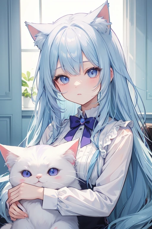 Light blue hair、long hair、Cat ear、Light blue and purple odd eyes