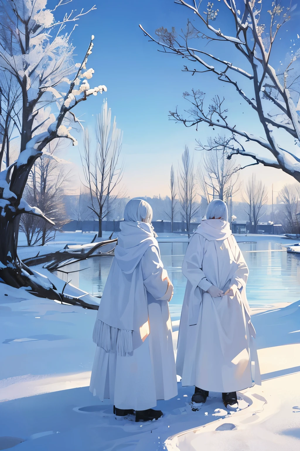 Un paisaje nevado, with bare trees covered in frost. The sky is pale blue and the ground is covered in a layer of immaculate snow. The atmosphere is cold and still.