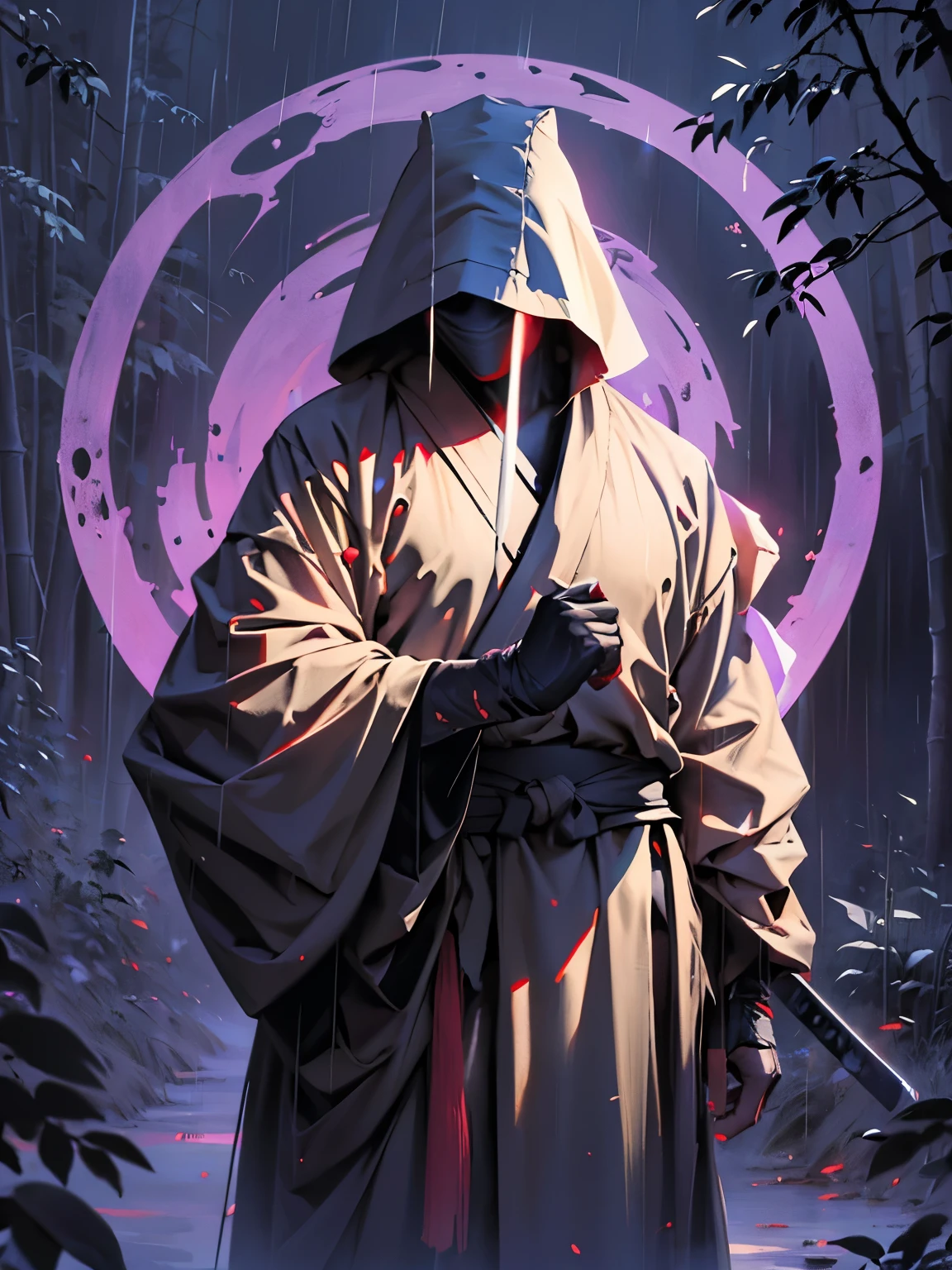 (best quality, 4k, highres, masterpiece:1.2), ultra-detailed, (realistic, photorealistic, photo-realistic:1.37), a man dressed as a samurai stands in the rain, wearing a bamboo hat (kasa) on his head. He is surrounded by a dense forest, alive with the sounds of nature. It's a moonlit night, and the darkness adds to the mysterious ambiance. The man is wearing a black kimono with neon red stripes that glow in the darkness, making him stand out in the scene. His sword (katana) is unsheathed, ready for action in the face of imminent disasters.