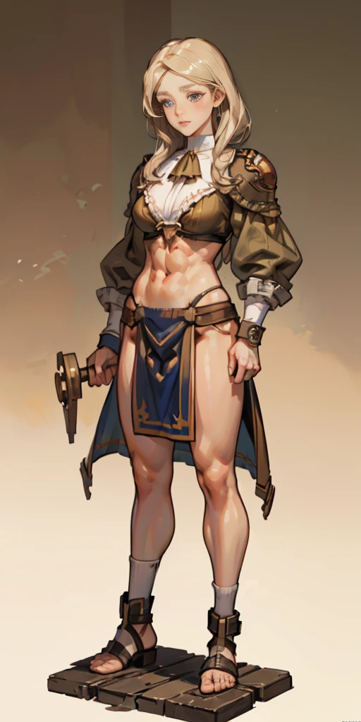 full body toe to head, masterpiece, 1soloMILF BIMBO standing loincloth pose, leather collar choker neck bell shackles wristbands bracers bracelets sleeves and stockings, strong body, abs, shiny skin (masterpiece, best quality) 1girlsolo wearing 40K Warhammer sisters of battle whsororitas (plain background)