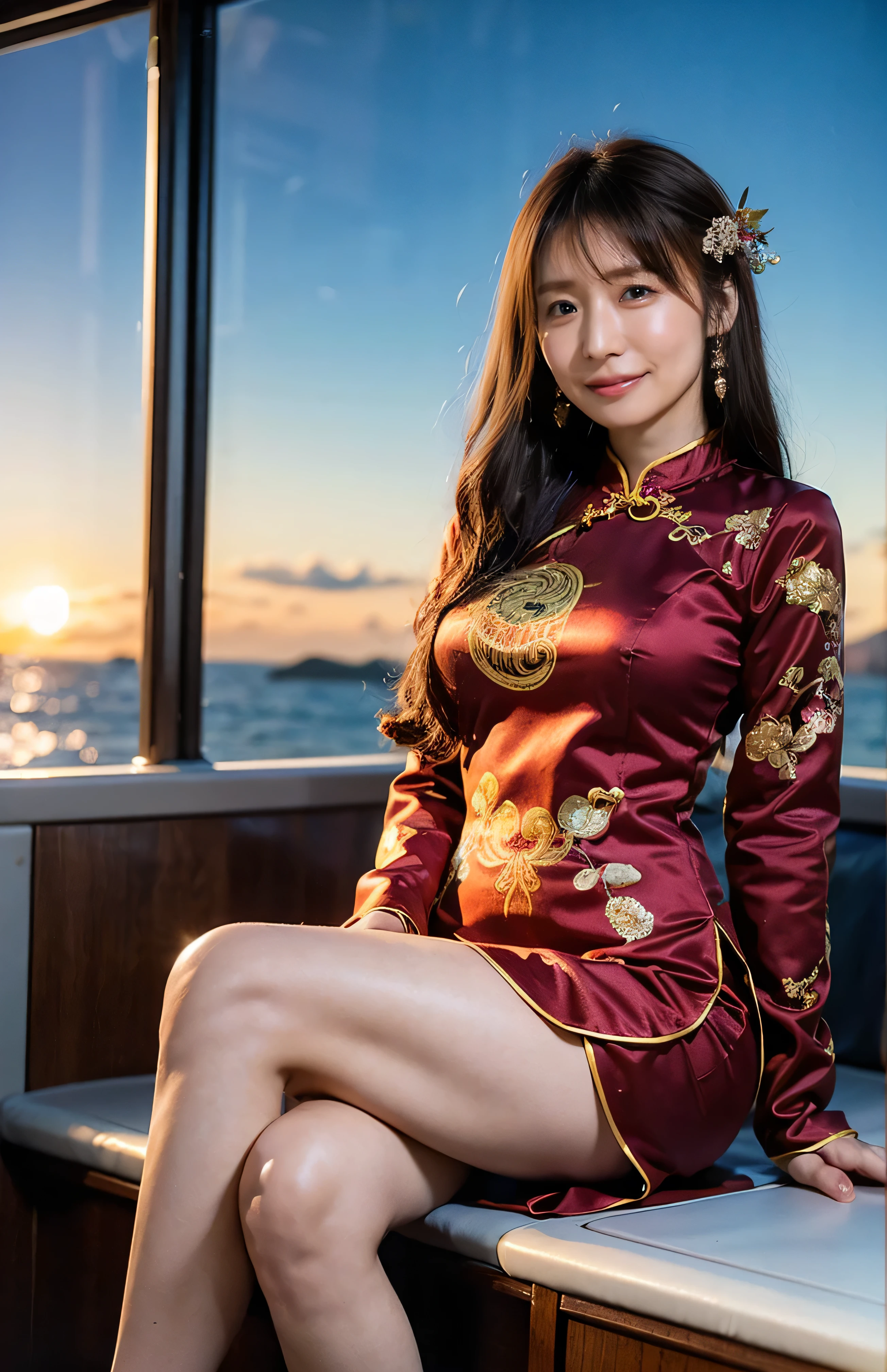 The sky turns red、Are standing、Hair swaying in the wind、China at night、((hair ornaments:1.5)).A gorgeous red cheongsam with gold embroidery、hair ornaments、Tie your hair elegantly、Gorgeous red silk cheongsam、((Standing on a boat and posing sexy、A luxurious and shiny embroidered cheongsam:1.4)).A luxurious and shiny silk cheongsam、A luxurious red cheongsam with embroidery、Are standing women on boat、Light brown hair、Elegant hairstyle、Blue Eyed Woman、A woman with a cute upward gaze、When the sky gets dark、The gentle light of the ship shines、The sky turns red as the sun sets、Tight clothing that shows your body lines、、Elegant navy blue summer knit、Elegant black summer sweater、Short skirt、Dress elegantly着こなす、Luxury Bagedium Shorthair:1.4))、Skyscrapers seen across the sea、Manhattan 私sland is visible offshore、Woman on a sightseeing boat、、The sun shines on her、Light brown hair、Light brown hair、The sky was dyed red、There are clouds、private's cute、An elegantly dressed woman is sitting on a boat and watching the sunset、Her ample breasts are obvious even through her clothes..、The shining sun is so beautiful、Dusk is approaching、Lens flare、I can see the sunset、((Sunlight reflecting off the ocean、Ocean View、The sun shines on the sea、'beautiful.、Small earrings、private'evening、Birds are also flying、、Brown Hair Color、Tying up hair、The woman is on the right:1.4))、Luxury Leather Belts、Shiny clothes、Light beige hair color、Background Blur、Braid only the front hair、Light brown hair、{{Cowgirl Shot}}、((Close-up shot from the waist up、Ample breasts:1.4))、Smile、Silk clothing、Ample breasts that can be seen even through clothes、Braid only the front hair、Cowboy Shot、Gorgeous white collared silk shirt and brown skirt、Dress elegantly、Luxury Bags、A lovely smile、((Ample breasts))、Full body photo、ring、Short skirt、Tuck your hair behind one ear、Silver Necklace、smile、 Elegant ponytail、Caustics、Highly detailed photos、Very beautiful and ideal short hair、Super no makeup、(8k、RAW Photos、highest quality、masterpiece:1.2)、(Realistic、Realistic)、1 girl、((Medium Short Hair、Looking into the camera:1.4))、Hair blowing in the wind