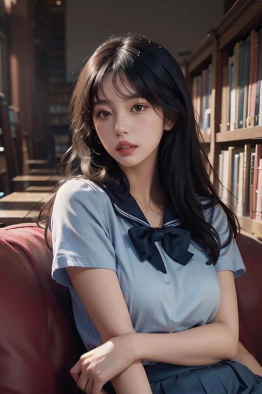 One girl,alone,(lshort-sleeved ＪＫ_Sailor),ＪＫ_style,(dark blue ＪＫ_skirt),(bow ＪＫ_tie),(In the library:1.2),Realistic,whole body,Black Hair,Long Hair,Iris,lips,parted lips,Portraiture,nose,highest quality,masterpiece,Ultra-high resolution,(photoRealistic:1.4),RAW Photos,  
