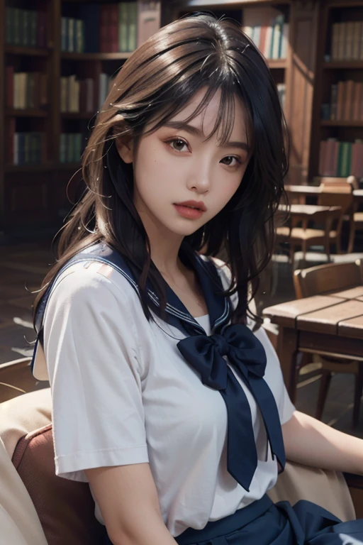 One girl,alone,(lshort-sleeved ＪＫ_Sailor),ＪＫ_style,(dark blue ＪＫ_skirt),(bow ＪＫ_tie),(In the library:1.2),Realistic,whole body,Black Hair,Long Hair,Iris,lips,parted lips,Portraiture,nose,highest quality,masterpiece,Ultra-high resolution,(photoRealistic:1.4),RAW Photos,  