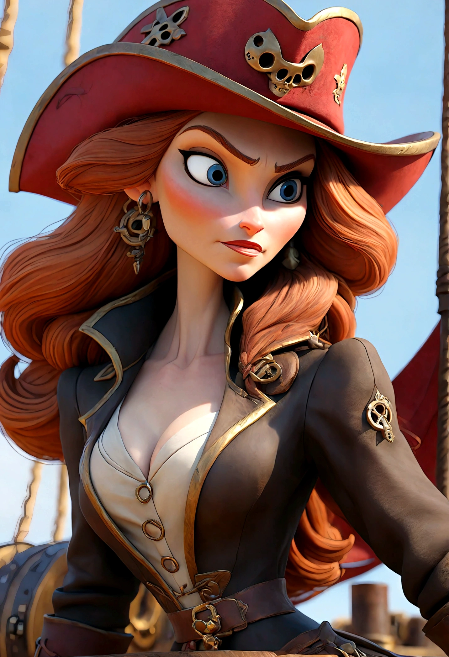 Gates McFadden (age 30) as a sky pirate, sexy over exposed revealing pirate bikini (alluring an d brave), pirate hat, sword and pistol at her side, on a red themed steampunk airship with crew, masterpiece, best quality, 8k, realistic, photorealistic, ultra-detailed, extremely detailed, sharp focus, vivid colors, professional, physically-based rendering, concept art