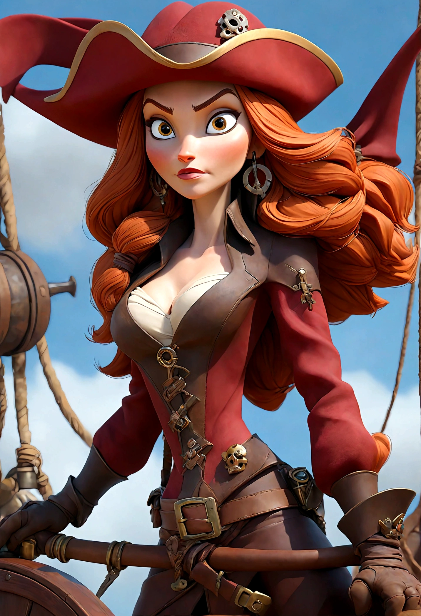 Gates McFadden (age 30) as a sky pirate, sexy over exposed revealing pirate bikini (alluring an d brave), pirate hat, sword and pistol at her side, on a red themed steampunk airship with crew, masterpiece, best quality, 8k, realistic, photorealistic, ultra-detailed, extremely detailed, sharp focus, vivid colors, professional, physically-based rendering, concept art