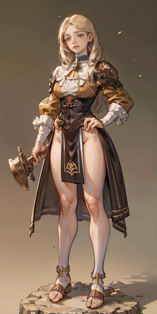 full body toe to head, masterpiece, 1soloMILF BIMBO standing loincloth pose, leather collar choker neck bell shackles wristbands bracers bracelets sleeves and stockings, strong body, abs, shiny skin (masterpiece, best quality) 1girlsolo wearing 40K Warhammer sisters of battle whsororitas (plain background)