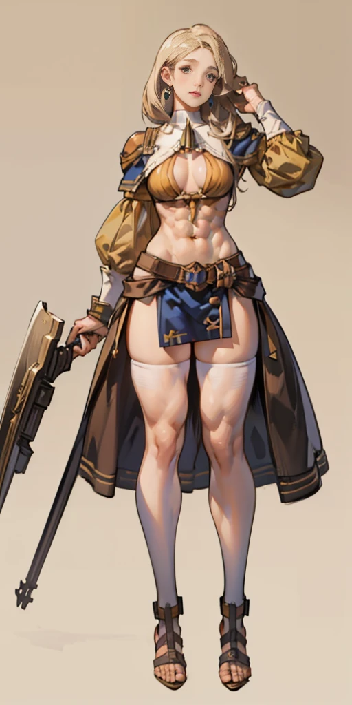 full body toe to head, masterpiece, 1soloMILF BIMBO standing loincloth pose, leather collar choker neck bell shackles wristbands bracers bracelets sleeves and stockings, strong body, abs, shiny skin (masterpiece, best quality) 1girlsolo wearing 40K Warhammer sisters of battle whsororitas (plain background)