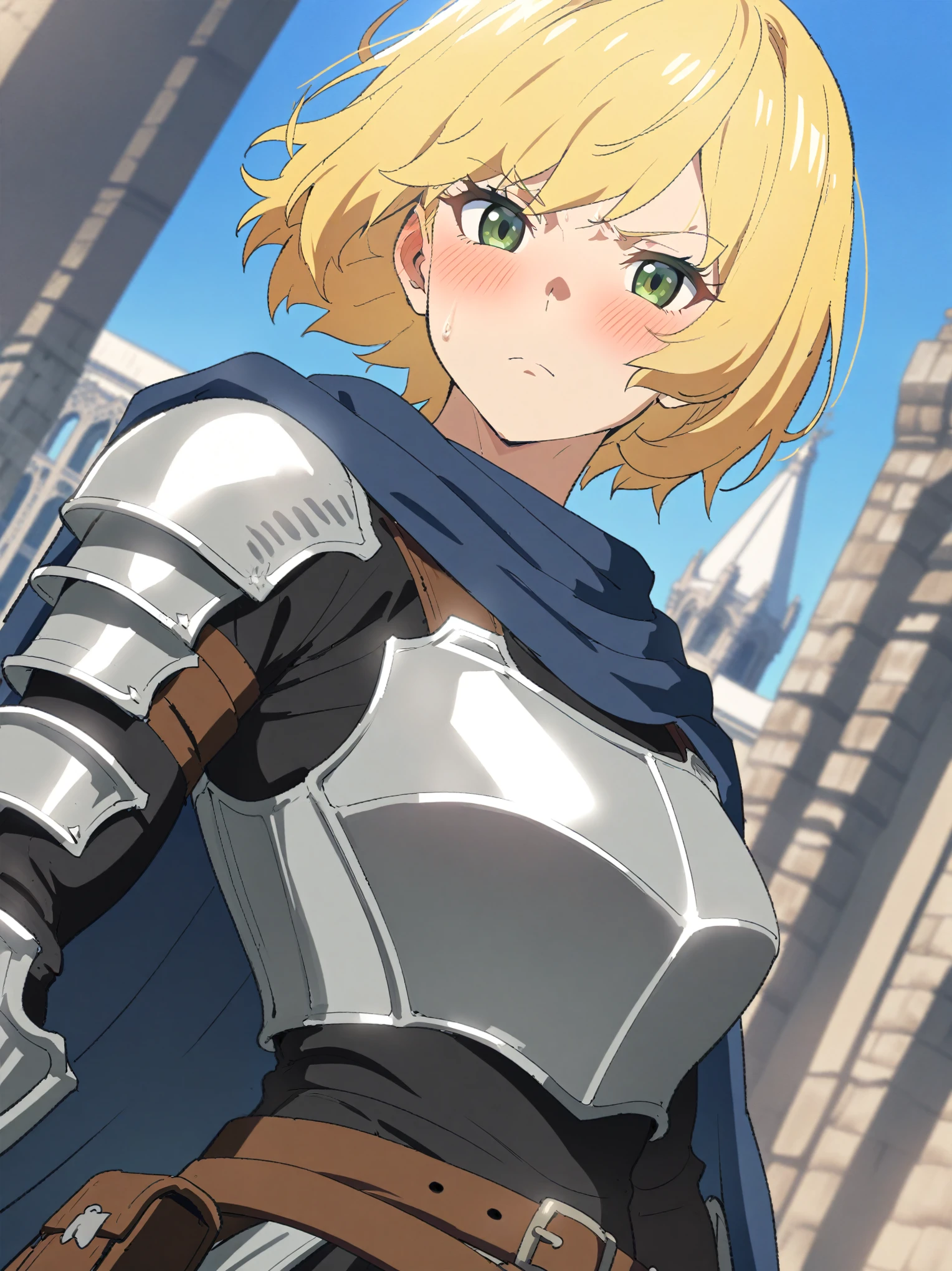 {{portrait, dutch angle, face focus}} {{Artist: Sincos}} 1girl, muscular female, mature female, androgynous, tomboy, blush, blonde hair, very short hair, bob cut, green eyes, plate armor, blue cloth, blue cloak, leather belt, palace gardens, looking at viewer, holding sword, medieval fantasy.
