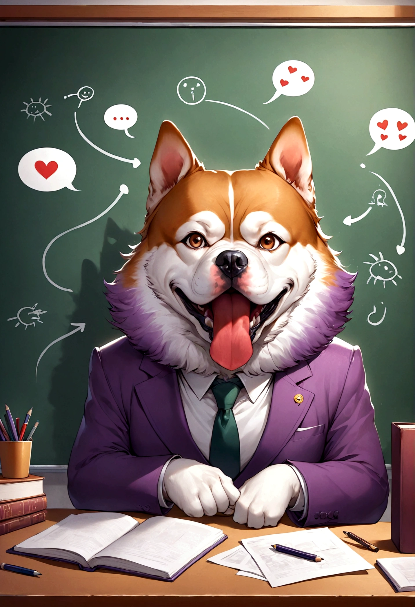 Create an image of a dog symbolizing the traits of a debater (ENTP). The dog should have a quick-witted and bold expression, ready to challenge the status quo without hesitation. It should appear engaged in a lively debate, with elements that evoke intellectual curiosity and playfulness, such as a chalkboard with complex diagrams, books, or speech bubbles with differing opinions. The dog should exude a sense of fun and humor, showing that it enjoys the thrill of a heated discussion. The primary theme color should be purple, with the dog's fur or background featuring various shades of purple to highlight its unique and spirited nature. The overall atmosphere should reflect the dog's love for debate and its entertaining, curious, and knowledgeable personality.