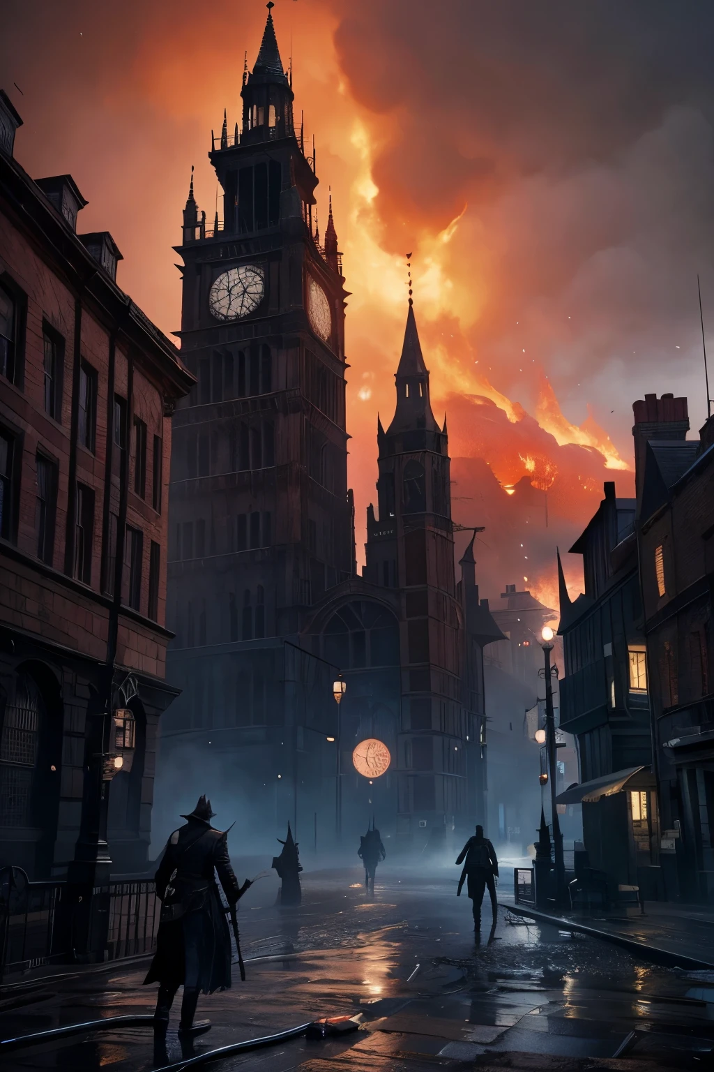 
Close-up of a fire in a city with a clock tower, Concept Art:Alexander Cobbsday, Art Station, Digital Art, Bloodborne concept art, Bloodborne monster, Bloodborne, Bloodborne art, Bloodborne boss, Bloodborne style, screenshot from Bloodborne, fromsoftware, Evil among monsters, From Software Games
