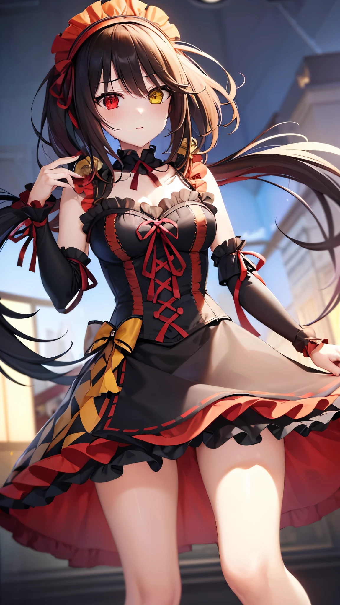 (((masterpiece))),(((highest quality))),(((Very detailed))),shape,Who, (masterpiece, highest quality, highest quality, Official Art, beautifully、beautiful:1.2),(8k, highest quality, masterpiece:1.2), KurumiBase, (Clock Eye), Heterochromia iridis, (Red eyes:1.2), (Yellow Eyes:1.5), (((Long twin tails))), hair band, Red dress, Frills, Removable sleeves, Frillsチョーク, Show Viewer, alone, Pretending to be embarrassed, Upload to TikTok