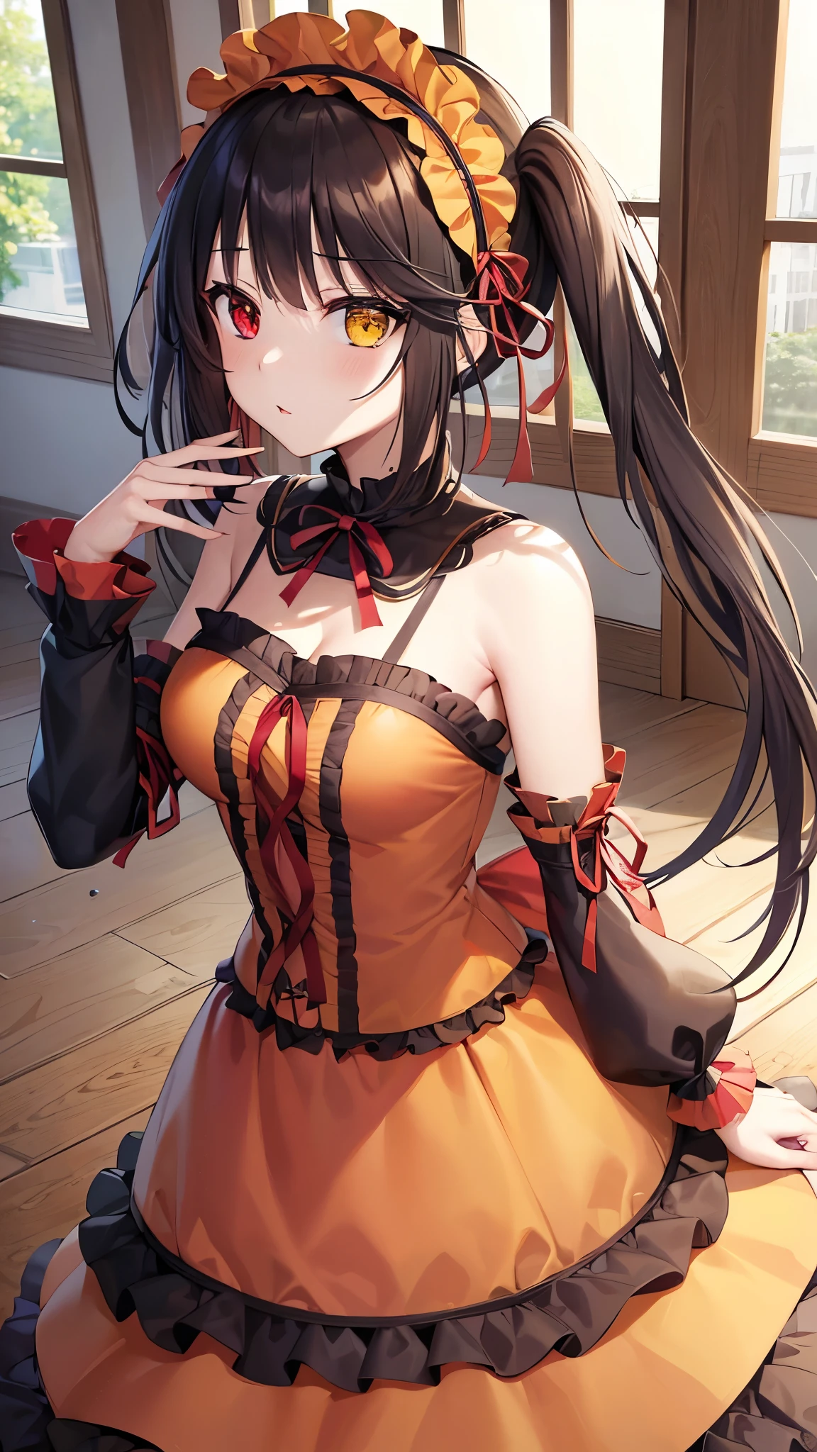 (((masterpiece))),(((highest quality))),(((Very detailed))),shape,Who, (masterpiece, highest quality, highest quality, Official Art, beautifully、beautiful:1.2),(8k, highest quality, masterpiece:1.2), KurumiBase, (Clock Eye), Heterochromia iridis, (Red eyes:1.2), (Yellow Eyes:1.5), (((Long twin tails))), hair band, (((Red dress))), Frills, Removable sleeves, Frillsチョーク, alone,