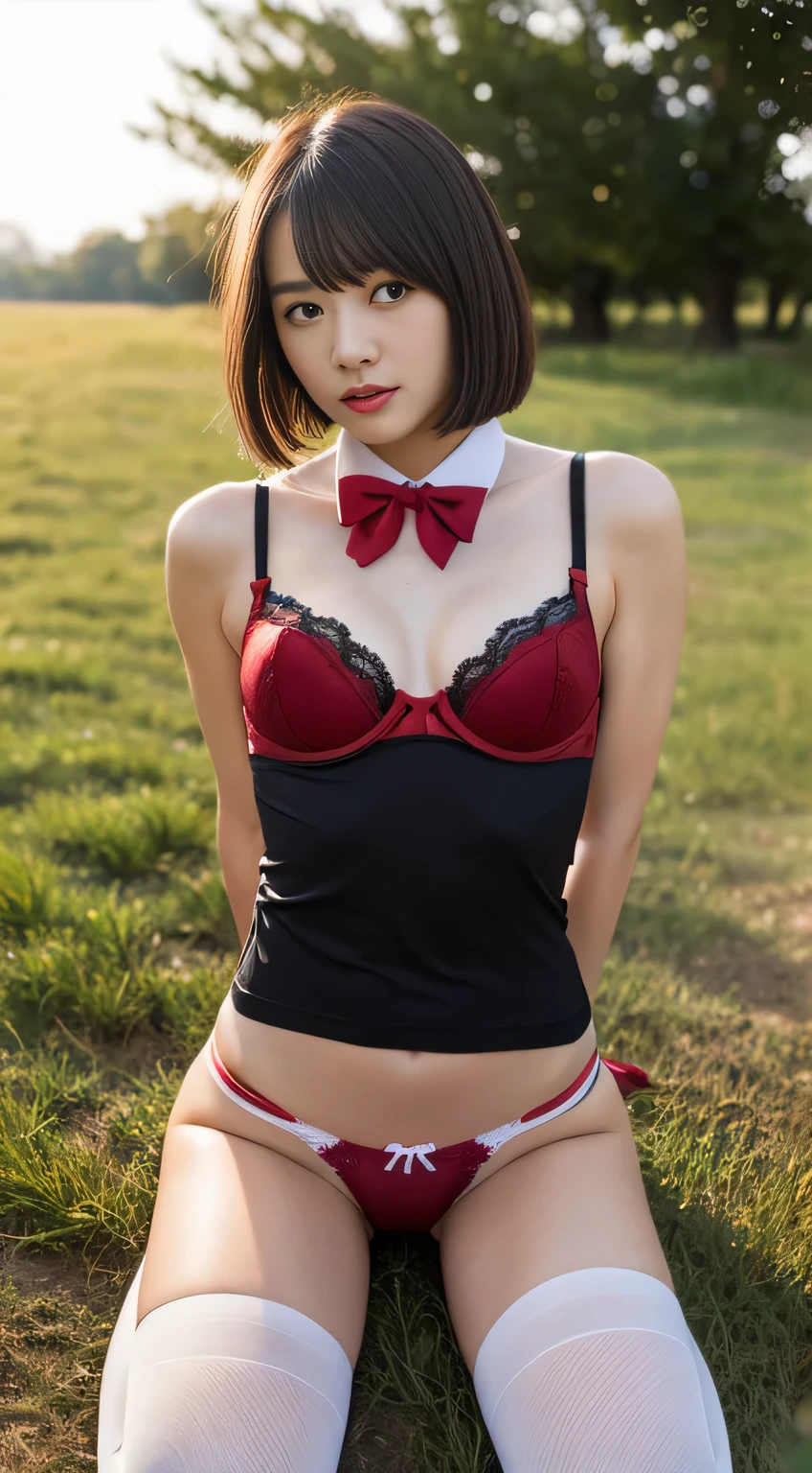 (8k、RAW Photos、highest quality、masterpiece:1.2),(Spread your legs wide,Legs wide open),(Long Bob Cut),stare,Viewed from the front,strong,erotic,student,Light 緑 Bra,White skin,knees,(Black Pantyhose),Absurd,Realistic Scenery,part your bangs in the middle,(Embarrassing,beginner)、(masterpiece,highest quality、High resolution,Raw Panties,Highly artistic:1.10,Beautiful views),one person, one person,whole body、cute,JK ,high school girl,Japanese women,Are standing,(Realistic:1.37)、Photon Mapping,Realistic、cute face,Brown eyes、Black socks、(Red bow tie)、Radio City、Physically Based Rendering、field、sunshine、