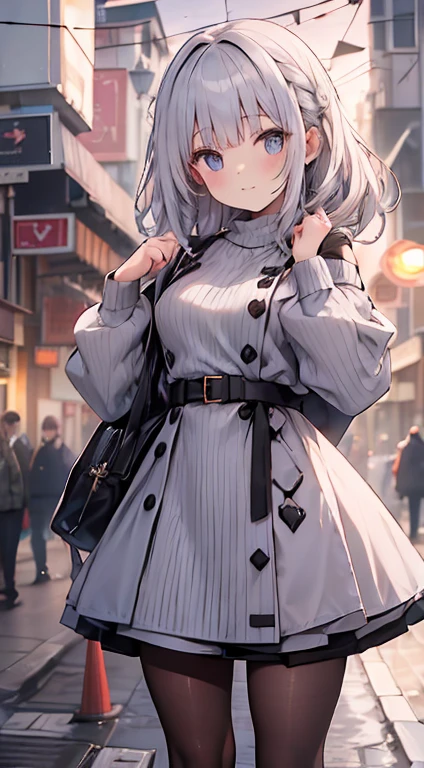 Olhe para a camera,(((mais alta qualidade, 8K, Obra de arte))), sharp focus, (mulher bonita com figura perfeita), afinar, (Penteado: Excelente)), ((Alley at night)), rua: 1.2 非常に詳細な顔と肌の質感詳細な目Double eyelidランダムな姿勢, (sorriso), Rosto realista, Double eyelid,sorriso, cidade ciberpunk , At the sunset , Dentes lindos , thigh strap, use uma jaqueta de couro、shoulder to shoulder sweater、Gray Vertical Ribbed Sweater Dress、fishnet pantyhose、cinta-liga、night vision、