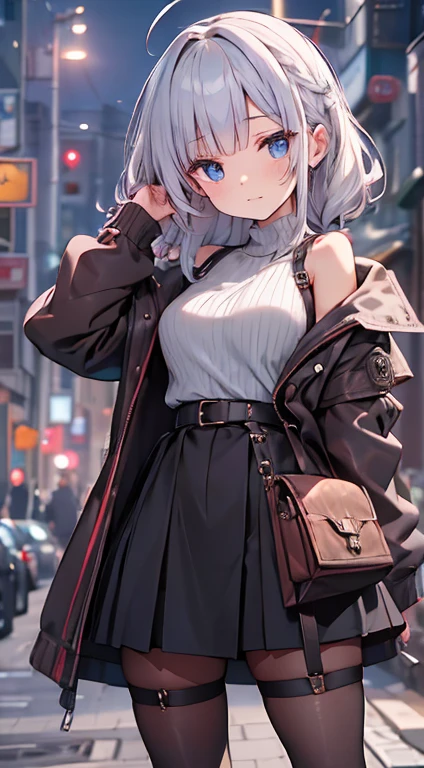 Olhe para a camera,(((mais alta qualidade, 8K, Obra de arte))), sharp focus, (mulher bonita com figura perfeita), afinar, (Penteado: Excelente)), ((Alley at night)), rua: 1.2 非常に詳細な顔と肌の質感詳細な目Double eyelidランダムな姿勢, (sorriso), Rosto realista, Double eyelid,sorriso, cidade ciberpunk , At the sunset , Dentes lindos , thigh strap, use uma jaqueta de couro、shoulder to shoulder sweater、Gray Vertical Ribbed Sweater Dress、fishnet pantyhose、cinta-liga、night vision、