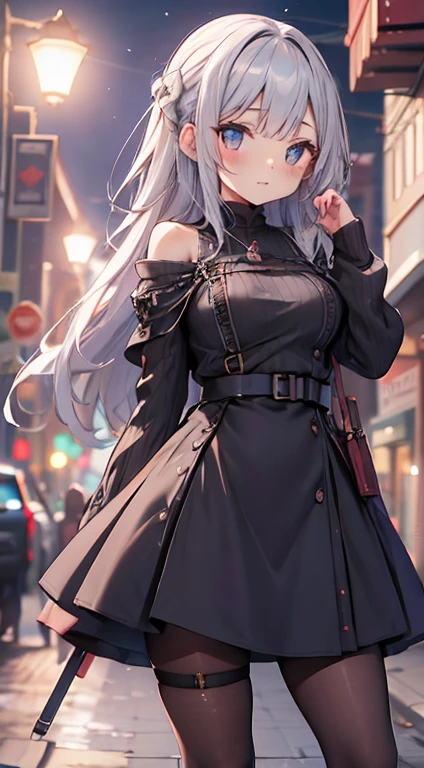 Olhe para a camera,(((mais alta qualidade, 8K, Obra de arte))), sharp focus, (mulher bonita com figura perfeita), afinar, (Penteado: Excelente)), ((Alley at night)), rua: 1.2 非常に詳細な顔と肌の質感詳細な目Double eyelidランダムな姿勢, (sorriso), Rosto realista, Double eyelid,sorriso, cidade ciberpunk , At the sunset , Dentes lindos , thigh strap, use uma jaqueta de couro、shoulder to shoulder sweater、Gray Vertical Ribbed Sweater Dress、fishnet pantyhose、cinta-liga、night vision、