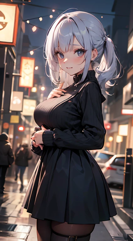Olhe para a camera,(((mais alta qualidade, 8K, Obra de arte))), sharp focus, (mulher bonita com figura perfeita), afinar, (Penteado: Excelente)), ((Alley at night)), rua: 1.2 非常に詳細な顔と肌の質感詳細な目Double eyelidランダムな姿勢, (sorriso), Rosto realista, Double eyelid,sorriso, cidade ciberpunk , At the sunset , Dentes lindos , thigh strap, use uma jaqueta de couro、shoulder to shoulder sweater、Gray Vertical Ribbed Sweater Dress、fishnet pantyhose、cinta-liga、night vision、