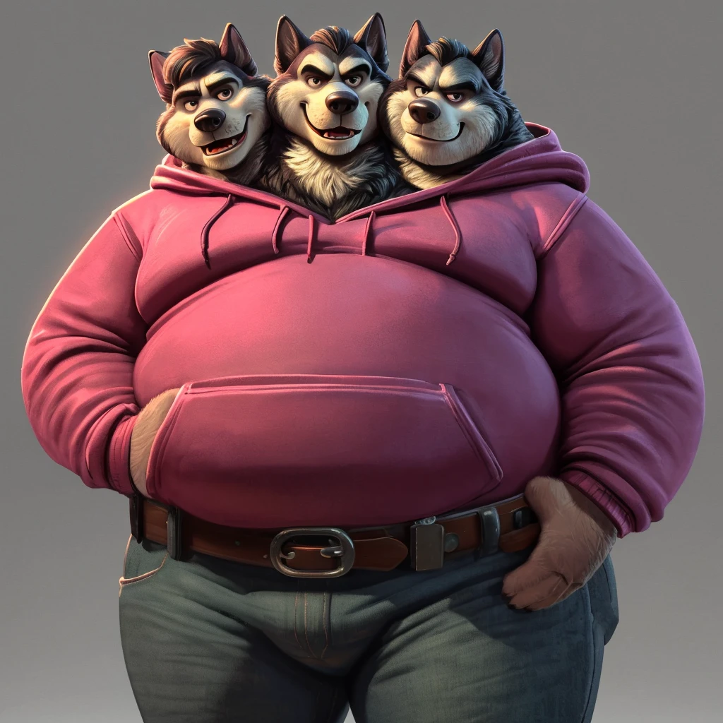 solo, siberian husky, three identical heads on one body, black and white fur, siberian husky ears, masculine, necks, (eyes), adult, male, 50 years old, (stylized 3d, by disney, by rembrandt), by pixar:1.1, by dramamine, ugly, (obese), solid gray background, (fully clothed, hoodie, jeans, belt), correct hands, correct anatomy, (ultradetailed, best quality, detailed masterpiece, highly detailed masterpiece, 4k, professional cartoon:1.7), (natural pose, detailed expressions)