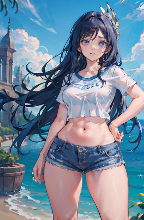 ShenheV4, (Shenhe com camiseta solta), jaqueta jeans, Shorts jeans, (Sozinho:1.1), (mulher madura:1.2), rosto bonito, (olhos detalhados), symmetrical eyes, (labios finos), (cabelo longo, cabelo cinza, braid, cabelo sobre um olho, hair ornament), (lindos seios redondos), corpo voluptuoso, Cintura fina, (Obra de arte, melhor qualidade), Soft ambient lighting, standing, vista frontal, cores vivas, Dia ensolarado, blue sky, Olhando para o espectador, Cintura fina, High definition, 8K, cores vivas, intricado, (absurdos:1.2), Bokeh, ((rosto detalhado)), Detalhes faciais, (ponto de vista coxas)
