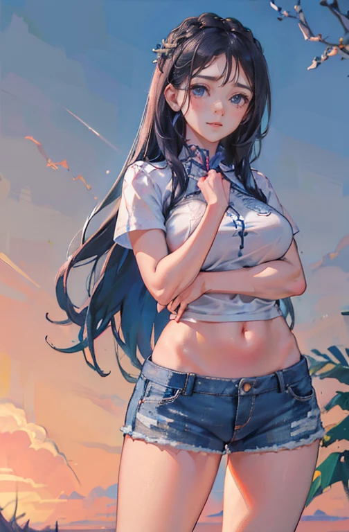ShenheV4, (Shenhe com camiseta solta), jaqueta jeans, Shorts jeans, (Sozinho:1.1), (mulher madura:1.2), rosto bonito, (olhos detalhados), symmetrical eyes, (labios finos), (cabelo longo, cabelo cinza, braid, cabelo sobre um olho, hair ornament), (lindos seios redondos), corpo voluptuoso, Cintura fina, (Obra de arte, melhor qualidade), Soft ambient lighting, standing, vista frontal, cores vivas, Dia ensolarado, blue sky, Olhando para o espectador, Cintura fina, High definition, 8K, cores vivas, intricado, (absurdos:1.2), Bokeh, ((rosto detalhado)), Detalhes faciais, (ponto de vista coxas)
