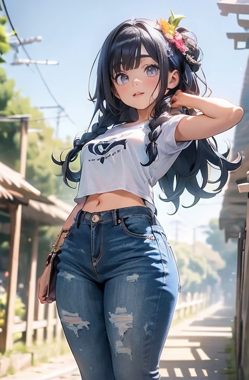 ShenheV4, (Shenhe com camiseta solta), jaqueta jeans, Shorts jeans, (Sozinho:1.1), (mulher madura:1.2), rosto bonito, (olhos detalhados), symmetrical eyes, (labios finos), (cabelo longo, cabelo cinza, braid, cabelo sobre um olho, hair ornament), (lindos seios redondos), corpo voluptuoso, Cintura fina, (Obra de arte, melhor qualidade), Soft ambient lighting, standing, vista frontal, cores vivas, Dia ensolarado, blue sky, Olhando para o espectador, Cintura fina, High definition, 8K, cores vivas, intricado, (absurdos:1.2), Bokeh, ((rosto detalhado)), Detalhes faciais, (ponto de vista coxas)