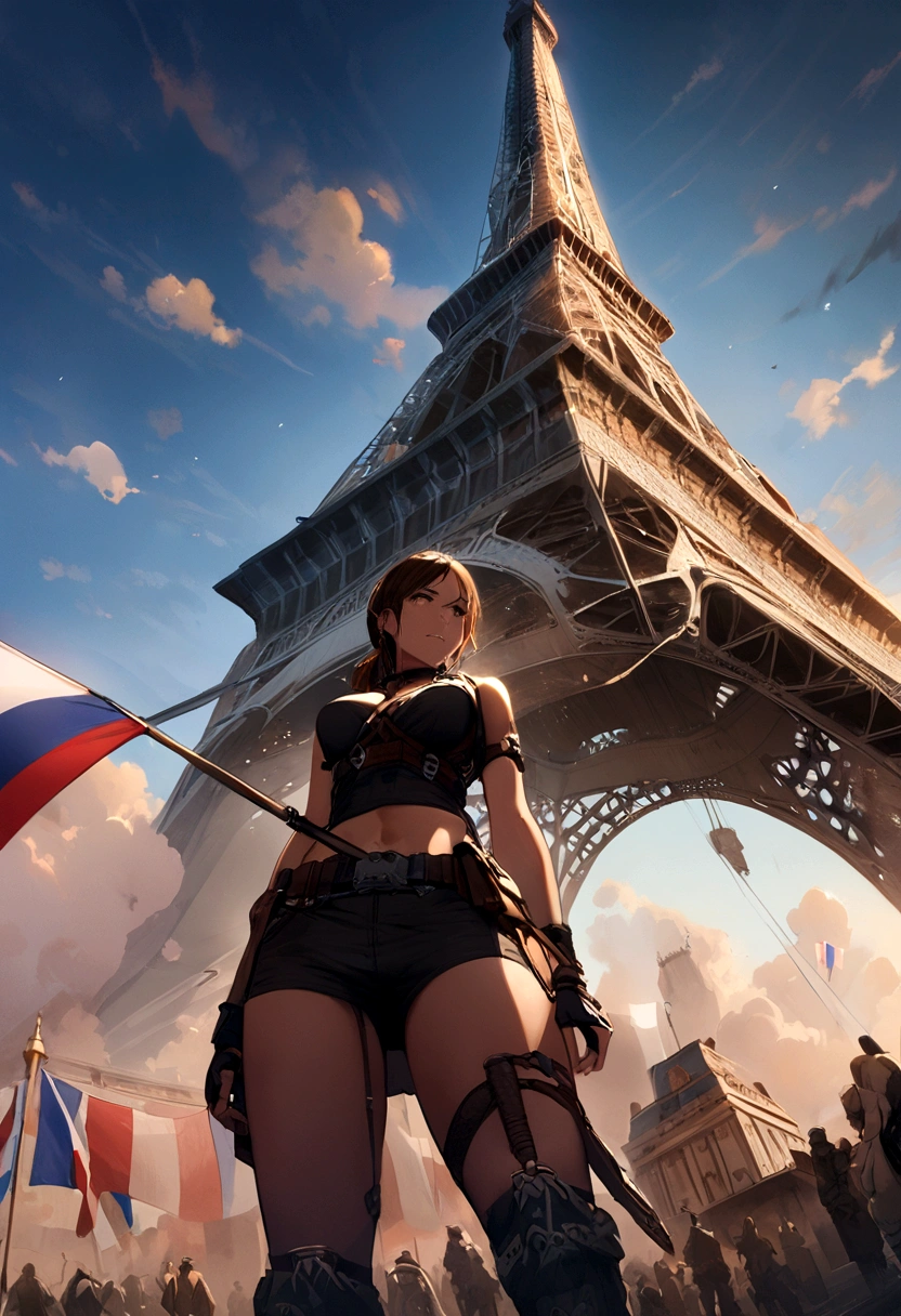 Lara Croft in front of the Effeil Tower and crying in front of the French flag