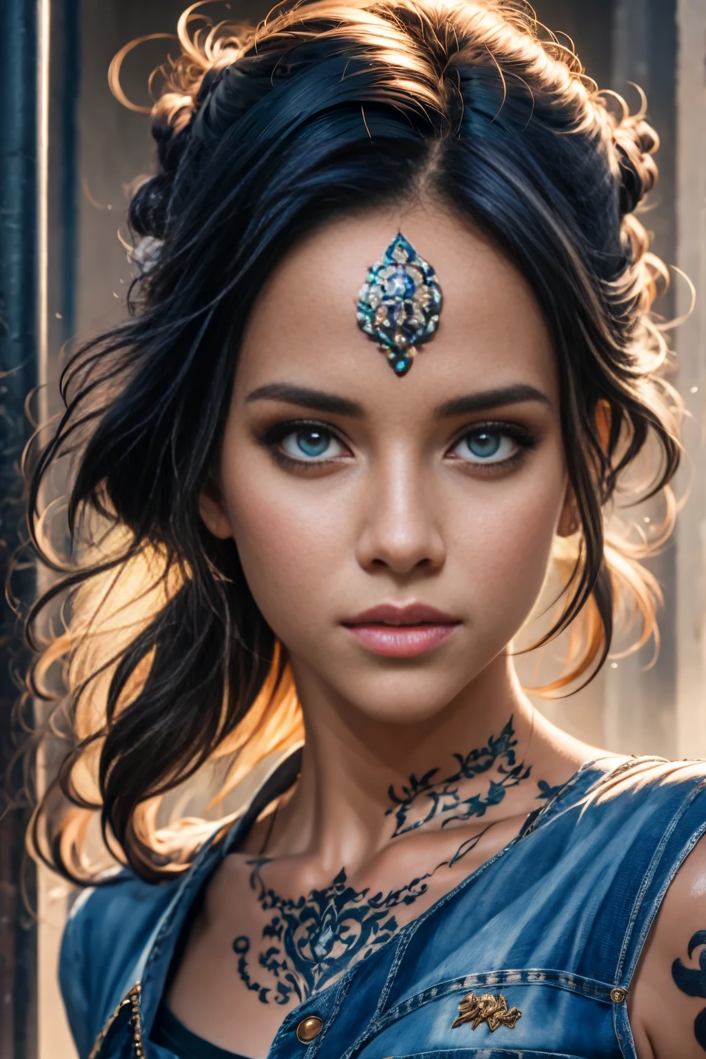 a beautiful girl with intricate face tattoos, realistic, photorealistic, 8k, highly detailed, sharp focus, dramatic lighting, fantasy, portrait, digital art, vibrant colors, symmetrical face, piercing eyes, full lips, glowing skin, ethereal