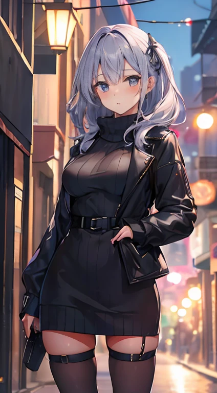 Olhe para a camera,(((mais alta qualidade, 8K, Obra de arte))), sharp focus, (mulher bonita com figura perfeita), afinar, (Penteado: Excelente)), ((Alley at night)), rua: 1.2 非常に詳細な顔と肌の質感詳細な目Double eyelidランダムな姿勢, (sorriso), Rosto realista, Double eyelid,sorriso, cidade ciberpunk , At the sunset , Dentes lindos , thigh strap, use uma jaqueta de couro、shoulder to shoulder sweater、Gray Vertical Ribbed Sweater Dress and Fishnet Pants、cinta-liga、night vision、