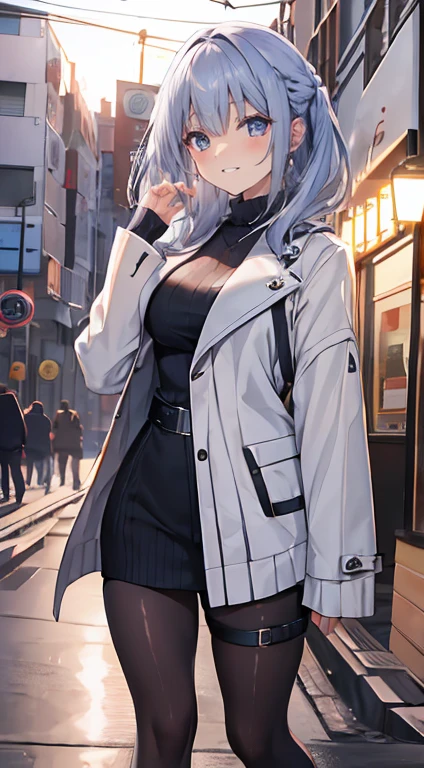 Olhe para a camera,(((mais alta qualidade, 8K, Obra de arte))), sharp focus, (mulher bonita com figura perfeita), afinar, (Penteado: Excelente)), ((Alley at night)), rua: 1.2 非常に詳細な顔と肌の質感詳細な目Double eyelidランダムな姿勢, (sorriso), Rosto realista, Double eyelid,sorriso, cidade ciberpunk , At the sunset , Dentes lindos , thigh strap, use uma jaqueta de couro、shoulder to shoulder sweater、Gray Vertical Ribbed Sweater Dress and Fishnet Pants、cinta-liga、night vision、