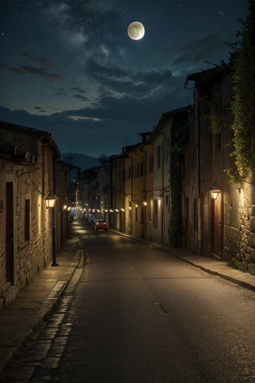 arte oficial, Ancient italia, Calles de Licciana Nardi, toscana, Italia (Lots of Fireflies), sin vehiculos, una mujer bella caminando hacia la camara, sonriente, pelo largo, (noche), (luna), Luces, Hermosos paisajes, epic landscapes, Realistic Luces, obra maestra, Alta calidad, Beautiful graphics, alto detalle , Global lighting, Unreal engine representation, renderizado de octanaje, (hdr: 1.3)