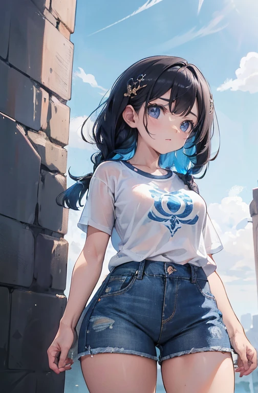 ShenheV4, (Shenhe com camiseta solta), jaqueta jeans, Shorts jeans, (Sozinho:1.1), (mulher madura:1.2), rosto bonito, (olhos detalhados), symmetrical eyes, (labios finos), (cabelo longo, cabelo cinza, braid, cabelo sobre um olho, hair ornament), (lindos seios redondos), corpo voluptuoso, Cintura fina, (Obra de arte, melhor qualidade), Soft ambient lighting, standing, vista frontal, cores vivas, Dia ensolarado, blue sky, Olhando para o espectador, Cintura fina, High definition, 8K, cores vivas, intricado, (absurdos:1.2), Bokeh, ((rosto detalhado)), Detalhes faciais, (ponto de vista coxas)